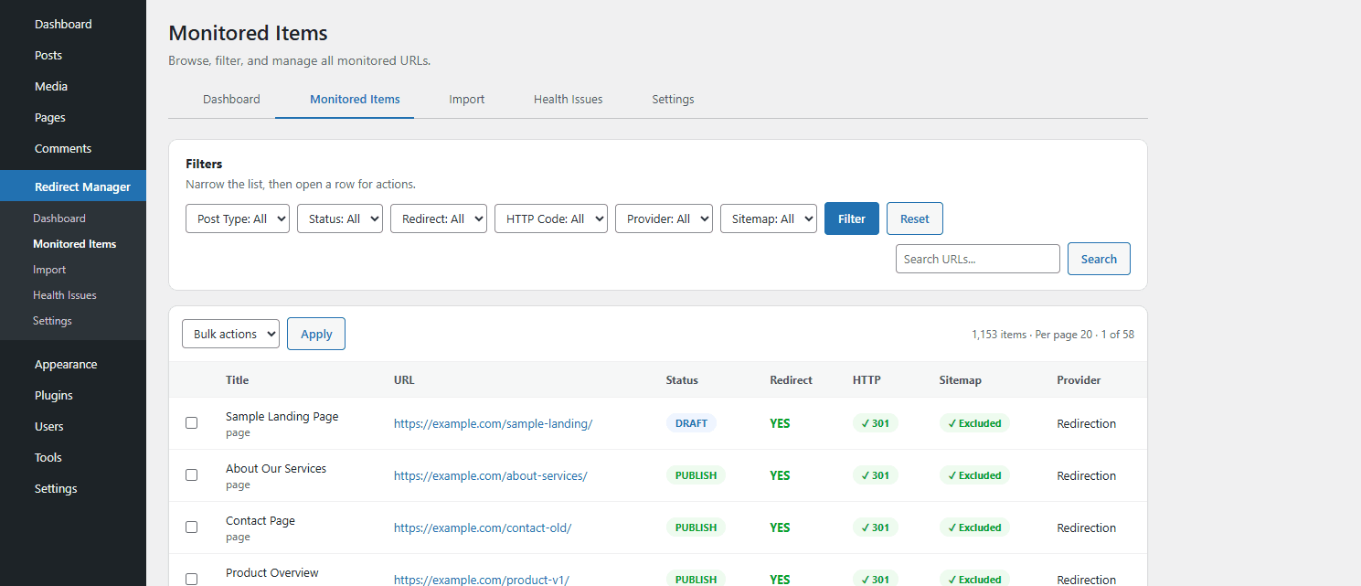 InfoWebPlus: Redirect Content Manager – Monitored Items table with filters for redirect status, HTTP code, and sitemap