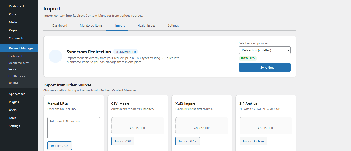 InfoWebPlus: Redirect Content Manager – Import screen – sync from Redirection and upload Ahrefs CSV