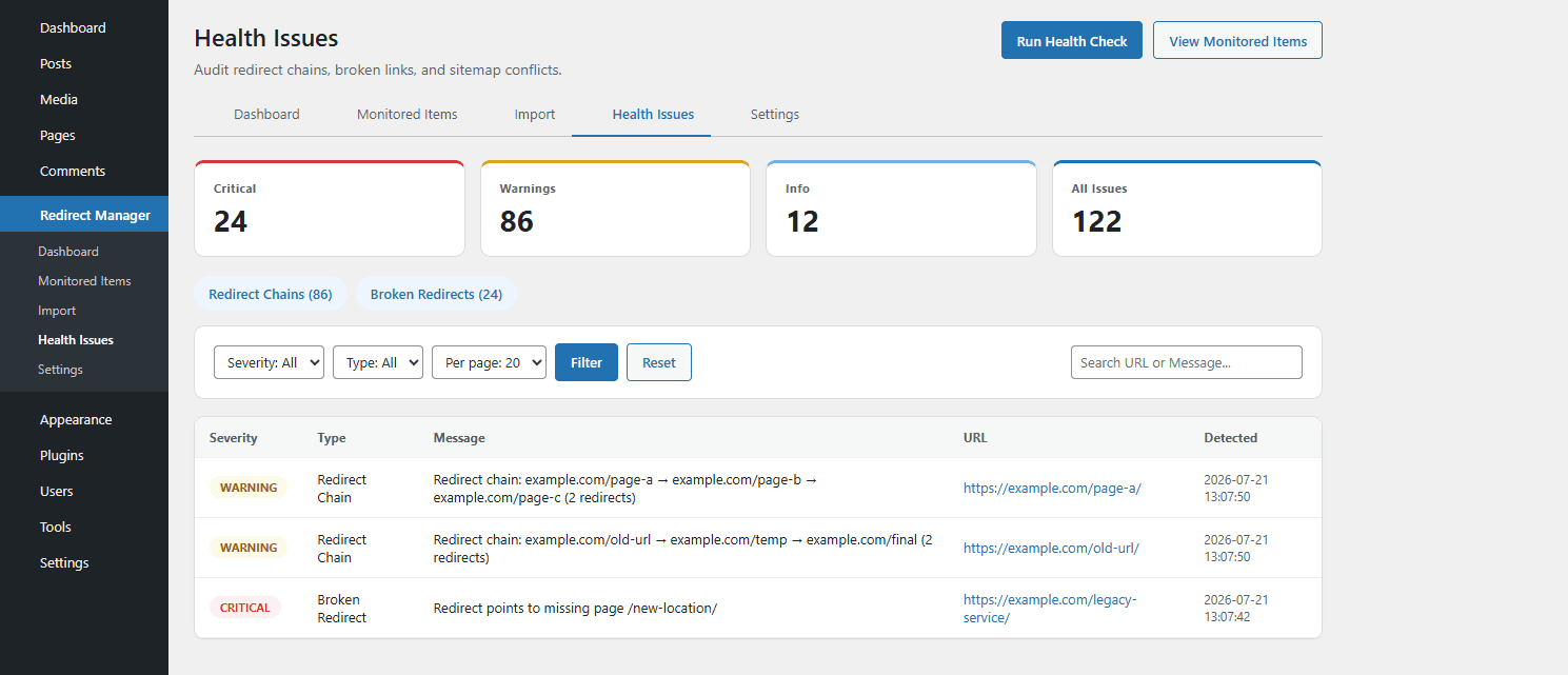 InfoWebPlus: Redirect Content Manager – Health Issues – redirect chains, broken redirects, filters, and pagination