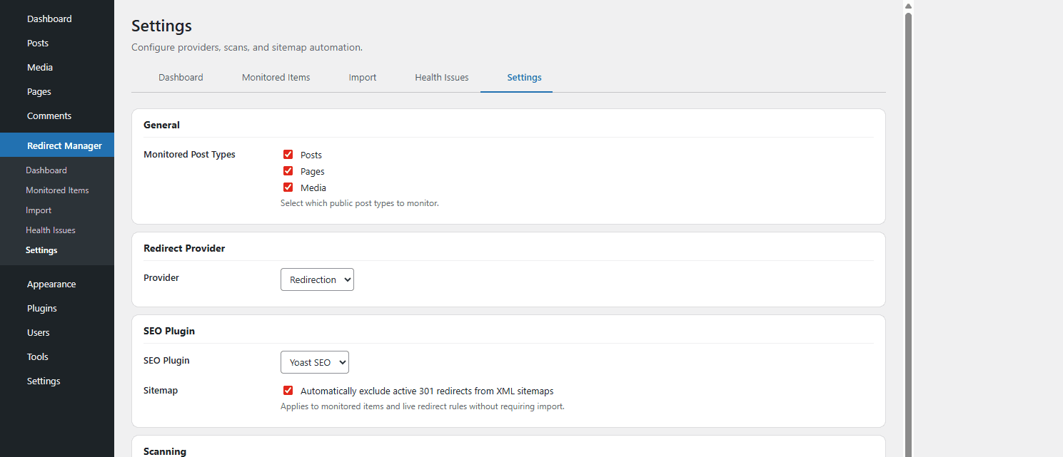 InfoWebPlus: Redirect Content Manager – Settings – redirect provider, SEO plugin, and sitemap automation